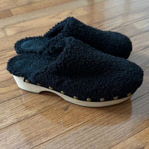 J. Crew Faux Shearling Sherpa Teddy Wood Mule Clogs Black Size 5.5